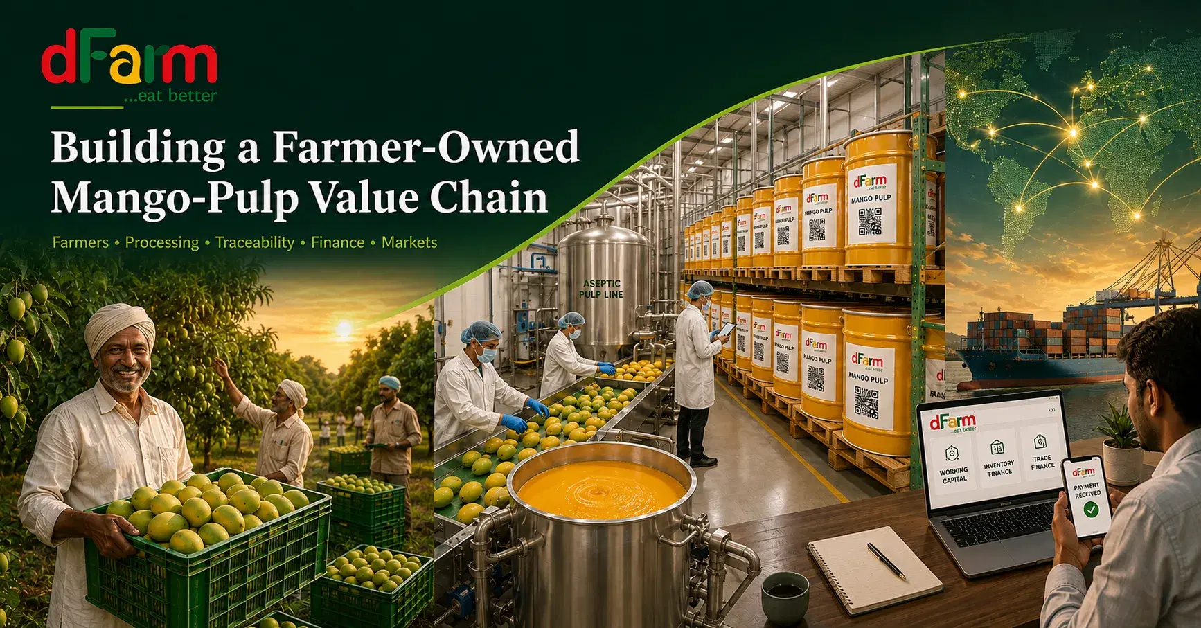 The farmer-owned mango-pulp value chain: growers harvesting Totapuri mangoes in the orchard, fruit moving through an aseptic pulp line, QR-coded dFarm mango-pulp barrels racked in a warehouse, working-capital and inventory finance released on the dFarm platform, and containers leaving port for export markets.